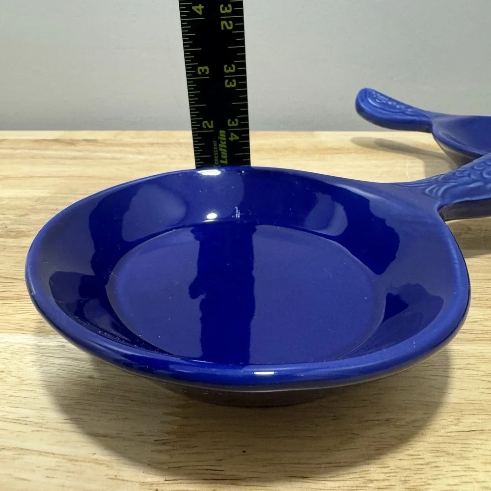 Vintage Cobalt Blue Fish Plates Set of 4 Handled Ceramic Nautical Coastal Dishes